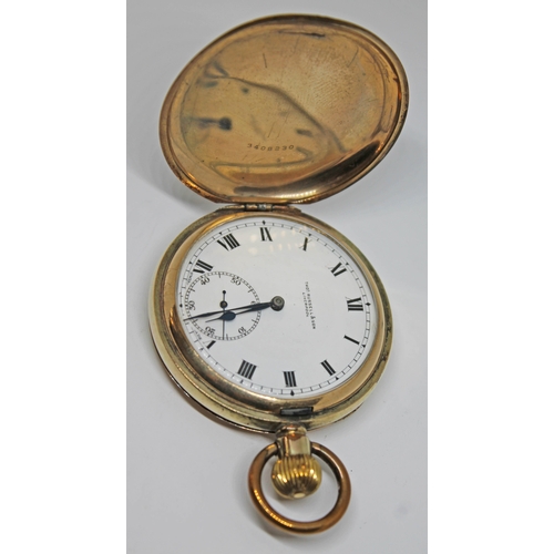 127 - A gold plated Thomas Russell & Son, Liverpool, full hunter pocket watch with white enamel signed dia... 