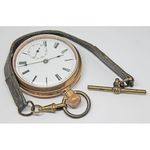 128 - An early 20th century gold plated pocket watch with white enamel dial and spade hands, the movement ... 