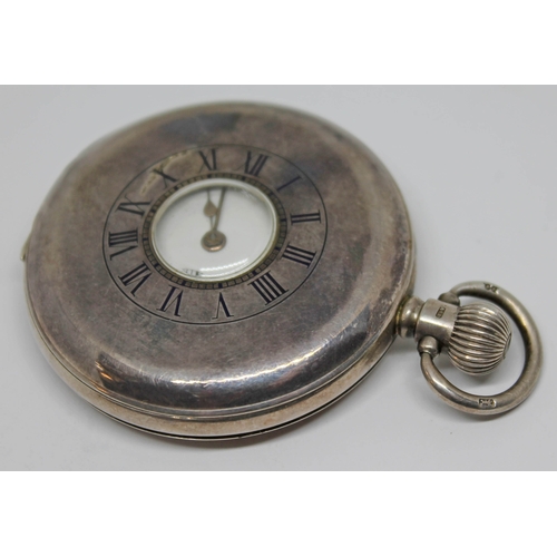 129 - A Dimier Freres & Cie hallmarked silver half hunter pocket watch with white enamel dial, spade hands... 