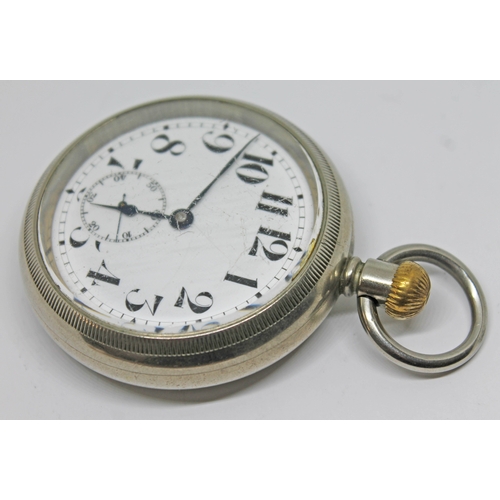 131 - A Cyma open face pocket watch with large Arabic numerals on a white enamel dial and seconds subsidia... 