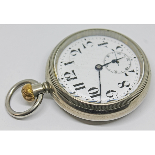 131 - A Cyma open face pocket watch with large Arabic numerals on a white enamel dial and seconds subsidia... 