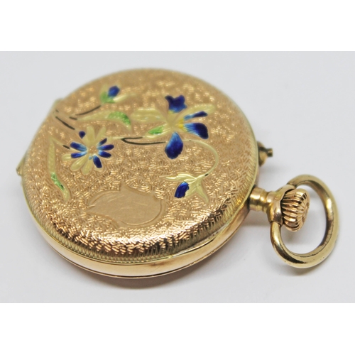 132 - A ladies gold small pocket watch, the inside of outer cased marked 14k 0.585, case diameter 26mm, gr... 