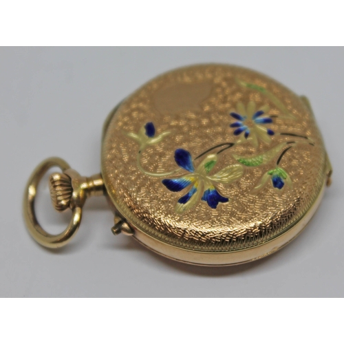 132 - A ladies gold small pocket watch, the inside of outer cased marked 14k 0.585, case diameter 26mm, gr... 