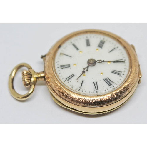 132 - A ladies gold small pocket watch, the inside of outer cased marked 14k 0.585, case diameter 26mm, gr... 