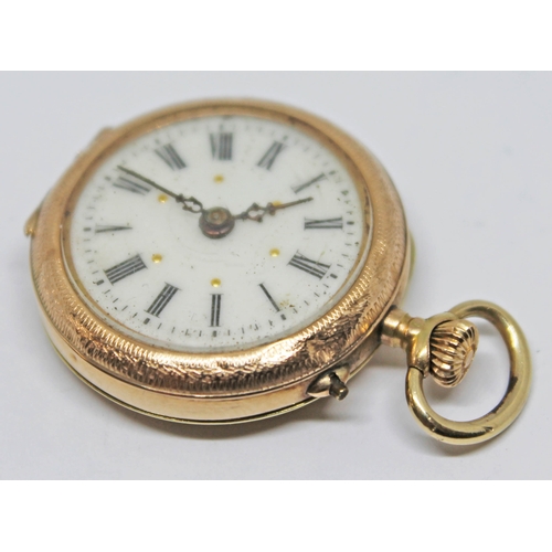 132 - A ladies gold small pocket watch, the inside of outer cased marked 14k 0.585, case diameter 26mm, gr... 