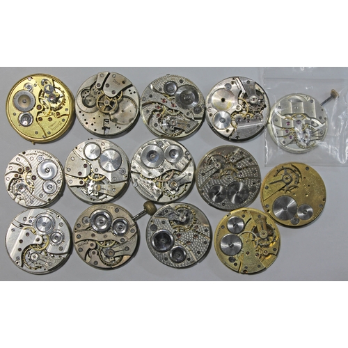 134 - A collection of 14 pocket watch movements, some with dials and crowns, including a Birks 'Broker', R... 