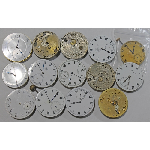 134 - A collection of 14 pocket watch movements, some with dials and crowns, including a Birks 'Broker', R... 