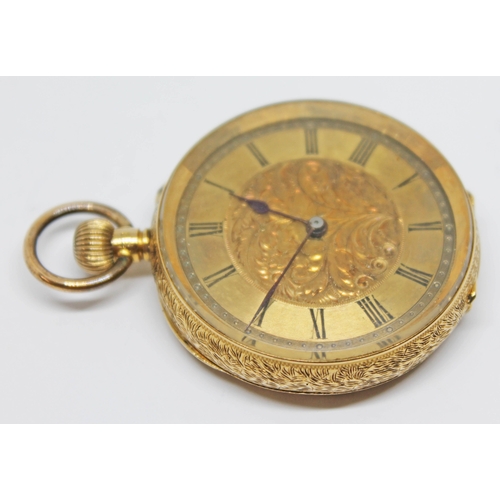 135 - A ladies pocket watch marked 18k with engraved central design to dial, Roman numerals and spade hand... 