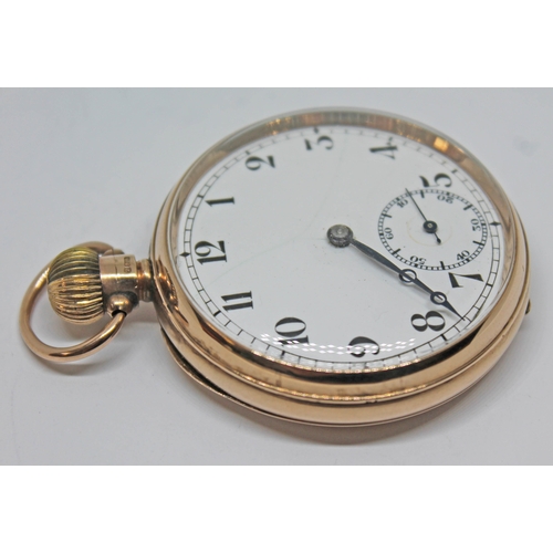 136 - A hallmarked 9ct gold Record pocket watch, with unsigned white enamel dial, Arabic numerals, breguet... 