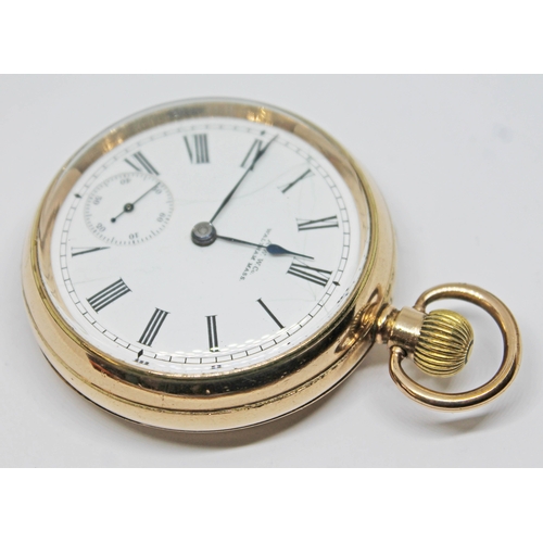 137 - A 1901 14 ct gold plated Waltham pocket watch with signed white enamel dial, Roman numerals, spade h... 