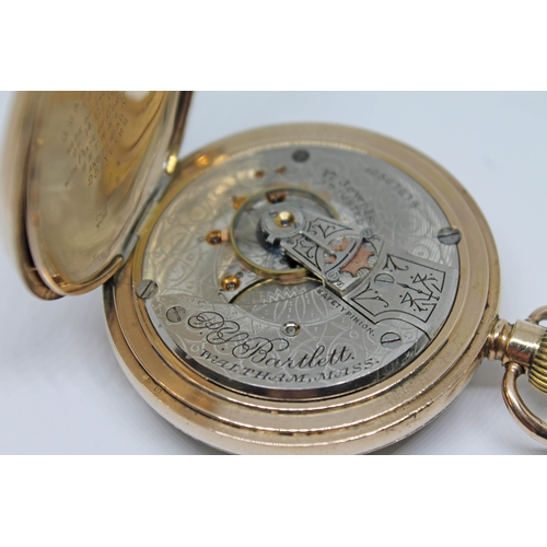 137 - A 1901 14 ct gold plated Waltham pocket watch with signed white enamel dial, Roman numerals, spade h... 