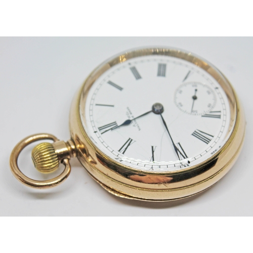 137 - A 1901 14 ct gold plated Waltham pocket watch with signed white enamel dial, Roman numerals, spade h... 