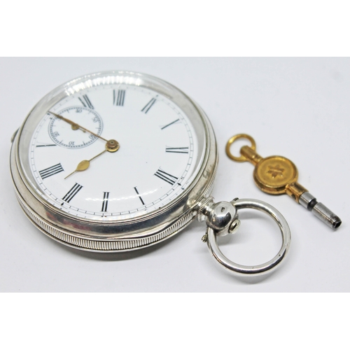 139 - A silver cased pocket watch with white enamel dial, Roman numerals, spade hands in gold tone and sec... 