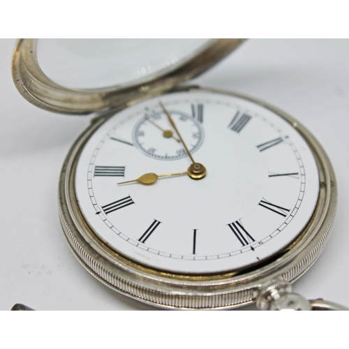 139 - A silver cased pocket watch with white enamel dial, Roman numerals, spade hands in gold tone and sec... 