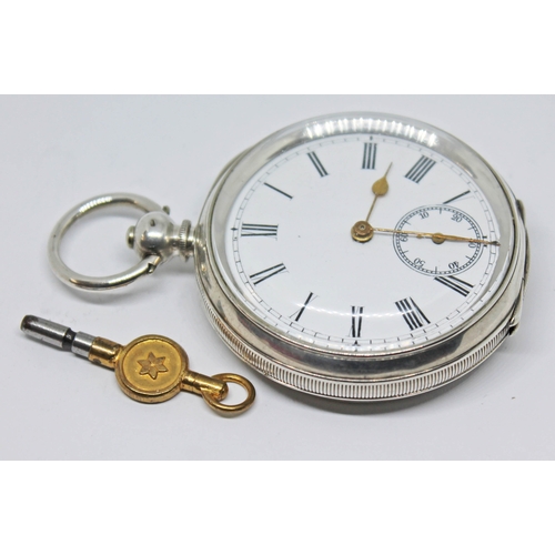 139 - A silver cased pocket watch with white enamel dial, Roman numerals, spade hands in gold tone and sec... 