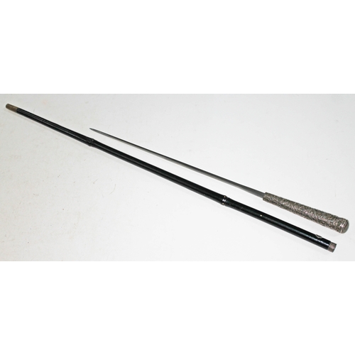 300 - A sword stick with white metal top, blade length 53cm, total length 88cm.