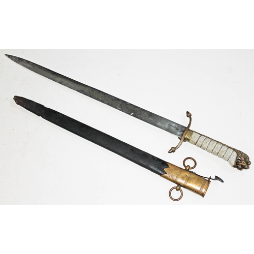 304 - An early 19th century midshipmen short sword and scabbard, with brass lion head and mane hilt, wire ... 