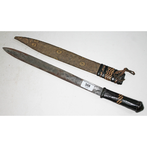 308 - An African short sword with snakeskin and leather scabbard and leather grip, blade length 35cm, tota... 