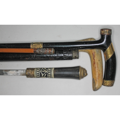 311 - Two walking canes including horn handled and yellow metal mounted, an Indian shooting stick with bon... 