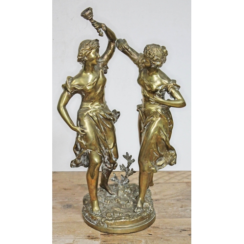 318 - A bronze figure depicting two women dancing, one holding a torch, indistinctly signed, height 49cm.