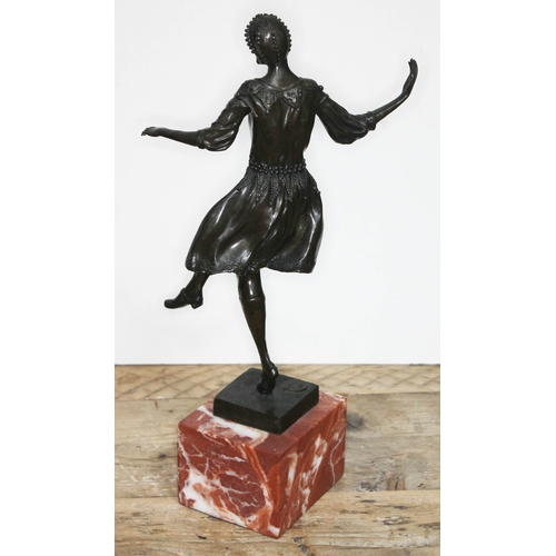 319 - An Art Deco style bronze figure depicting a lady dancing on square marble base, signed 'Descomps' an... 