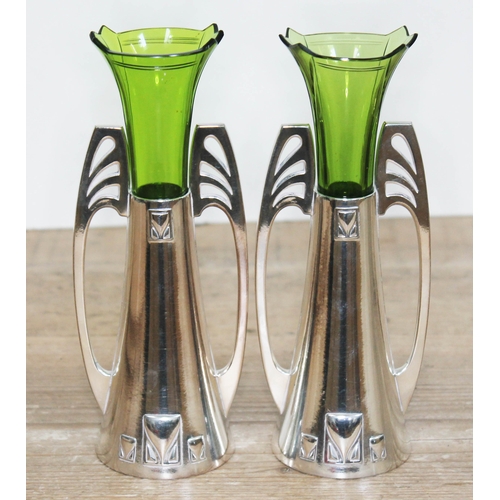 331 - A pair of WMF Art Nouveau silver plated spill vases with green glass liners, height 18cm.