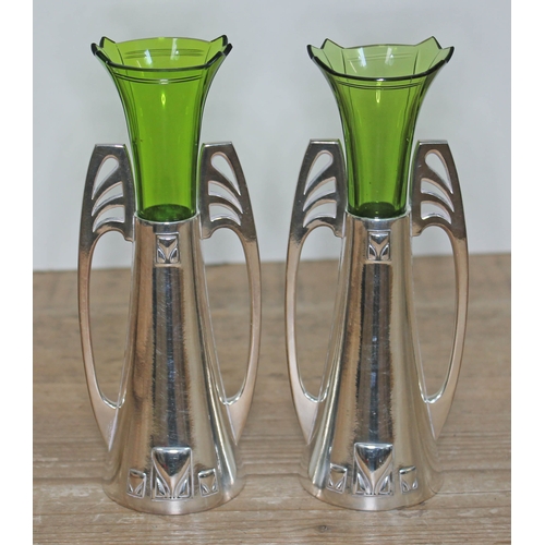 331 - A pair of WMF Art Nouveau silver plated spill vases with green glass liners, height 18cm.