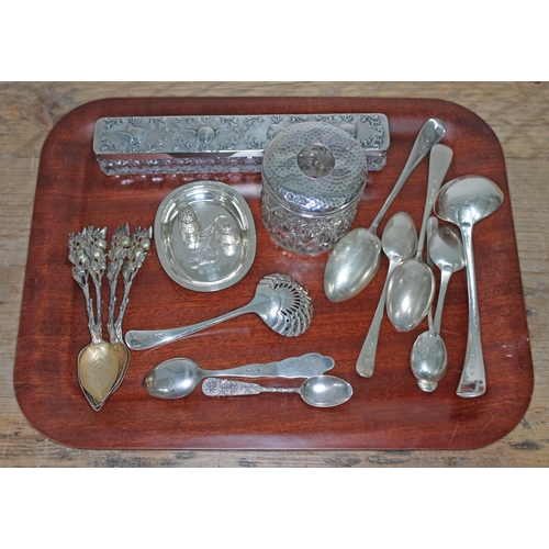 100 - A tray of assorted hallmarked and foreign silver comprising a set of four Gorham Sterling 