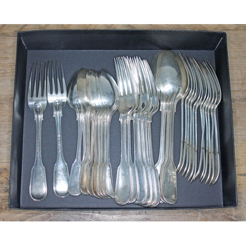 83 - Late Edwardian fiddle & thread pattern flatware comprising nine desert spoons, three serving spoons,... 