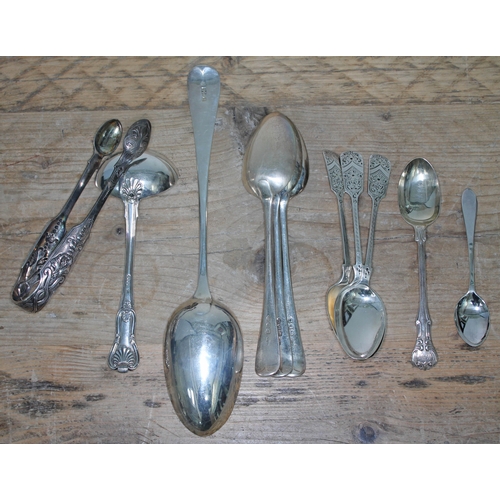 88 - A mixed lot of silver flat ware including a basting spoon London 1901, three desert spoons London 18... 