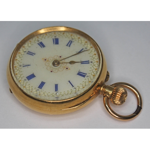 94 - A ladies pocket watch with enamel dial, outer and inner cases marked '18K', diam. 33mm, gross wt. 31... 