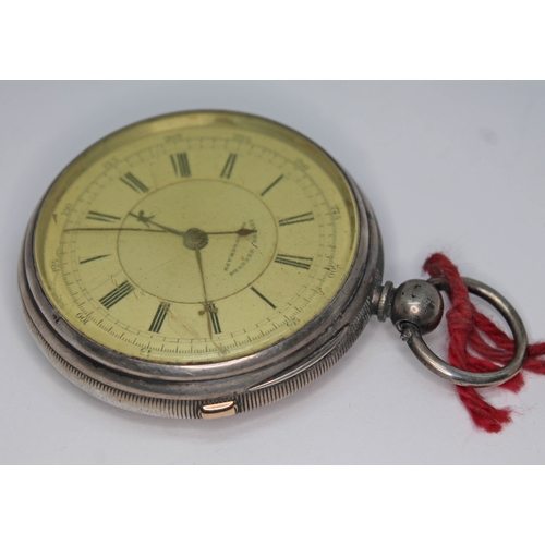 95 - A hallmarked silver centre seconds chronograph pocket watch, case diam. 56mm.