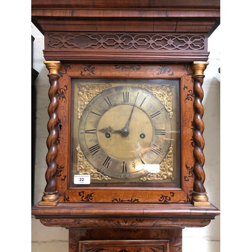 22 - A William & Mary/Queen Anne eight day long case clock with arabesque marquetry inlaid case, hood wit... 