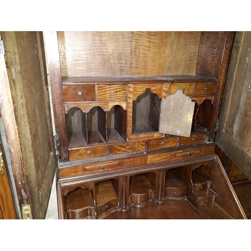 68 - A Queen Anne style walnut cabinet bureau, width 81cm, depth 48cm & height 211cm.