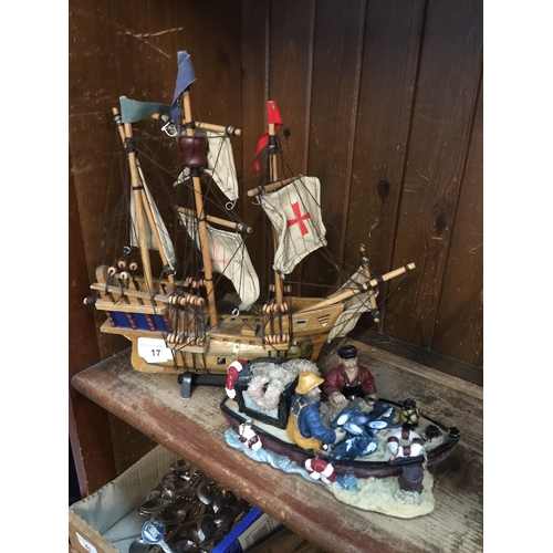 17 - A model galleon and fishing boat