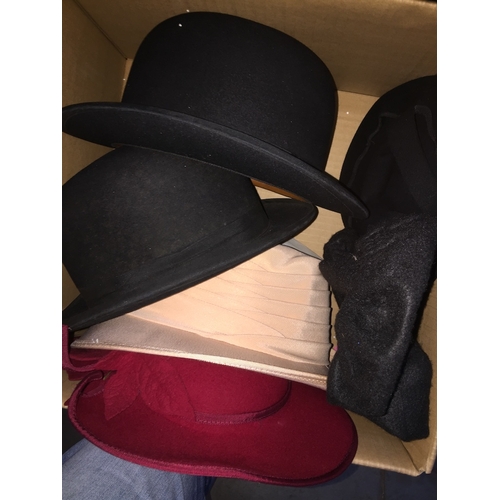 55 - A box of mens and ladies hats, bowler hats, etc.