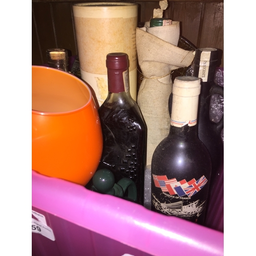 59 - A box of spirits, some empty bottles, an orange large glass / goblet, etc.