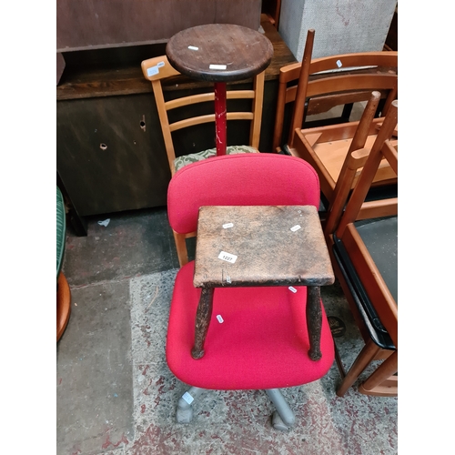 1227 - Two chairs and two stools including an old industrial workman's stool with cast metal base.