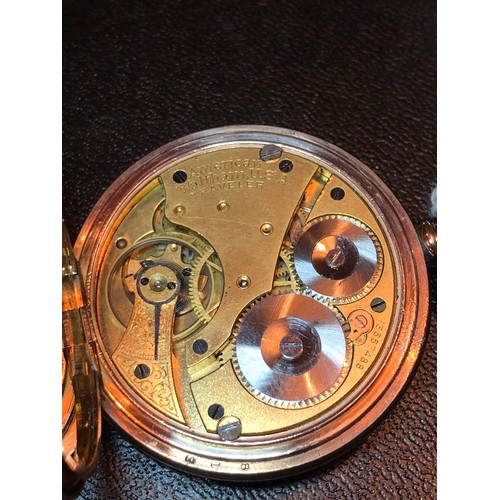 113 - A 1904 gold plated Waltham Traveller full hunter pocket watch having white enamel dial signed 'John ... 