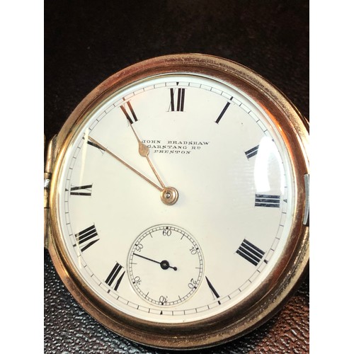 113 - A 1904 gold plated Waltham Traveller full hunter pocket watch having white enamel dial signed 'John ... 