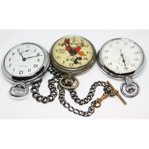 129 - Two Ingersoll pocket watches including a Mickey Mouse and a Smiths stopwatch together with a hallmar... 