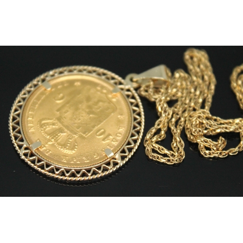 134 - An 1897 10 guilder, in pendant mount marked 585 and on chain marked 9K, length 48cm, gross wt. 8.65g... 