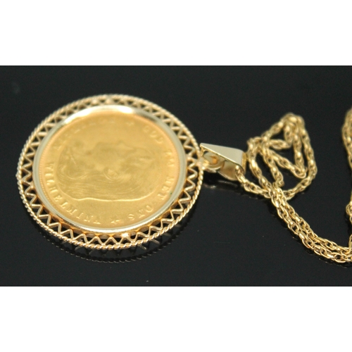 134 - An 1897 10 guilder, in pendant mount marked 585 and on chain marked 9K, length 48cm, gross wt. 8.65g... 