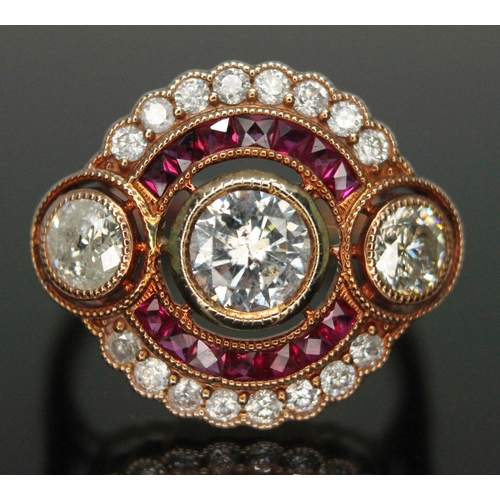 191 - An Art Deco style diamond and ruby cluster ring, total approx. diamond wt. 1.02ct, band marked '14K'... 