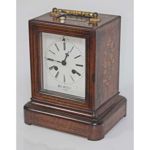 3 - A French late 19th century marquetry inlaid rosewood mantel clock, gilt metal handle and bevelled gl... 