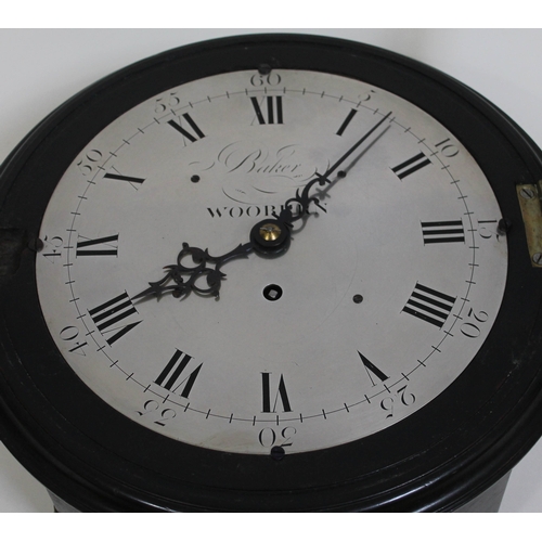 9 - An early 19th century ebonised wall clock, brass bezel with domed glass, 9