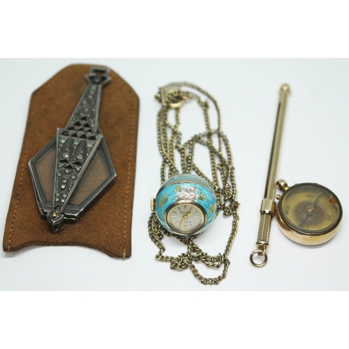 228 - A mixed lot comprising an Art Deco marcasite set lorgnette, a spherical pendant watch, a yellow meta... 