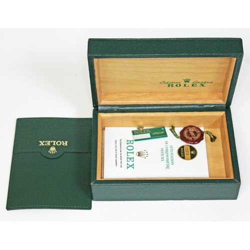 230 - A 1980s Rolex green leather and wood lined watch box with certificate. UK P&P £10+VAT