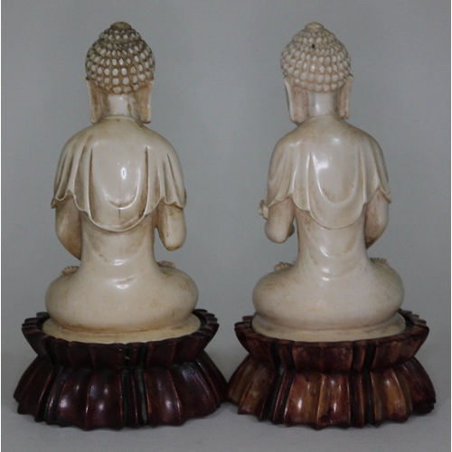 248 - A pair of Indian carved ivory lotus seated buddha, each on stained wood base, circa 1900, height 16c... 