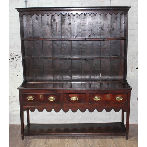 90B - A George III and later oak dresser, width 156cm, depth 44cm & height 185cm.